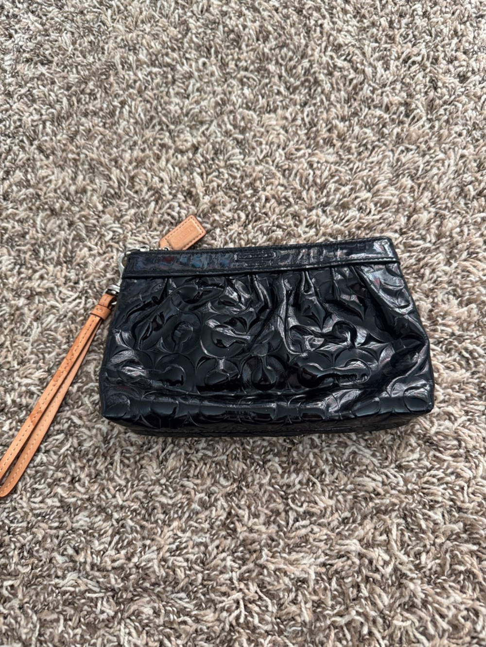 Coach Black Patent Signature Wristlet with Tan Strap